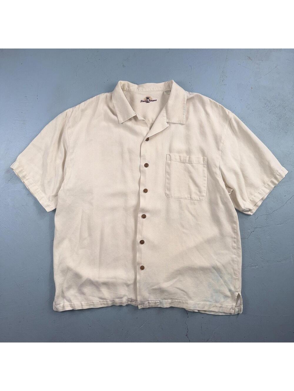 Tommy Bahama VTG Hawaiian Loop Collar Basic Ivory Silk Camp Shirt XL